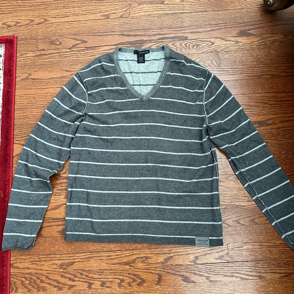 Gray Striped V-Neck Sweater